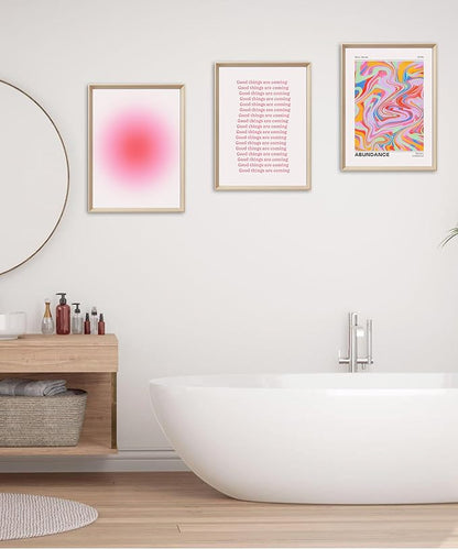 Framed Abstract Pink Canvas Wall Art,Retro Gradient Canvas Wall Decor,16x12IN High Framed Wood Design Print,Minimalist Classic Décor Aesthetic for Living Room,Bedroom,Bathroom Set of 3