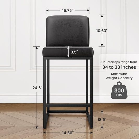 PHI VILLA Black Leather Bar Stools Set of 2, Counter Height Bar Chairs, 24 inch Kitchen Modern Bar Stool with Back
