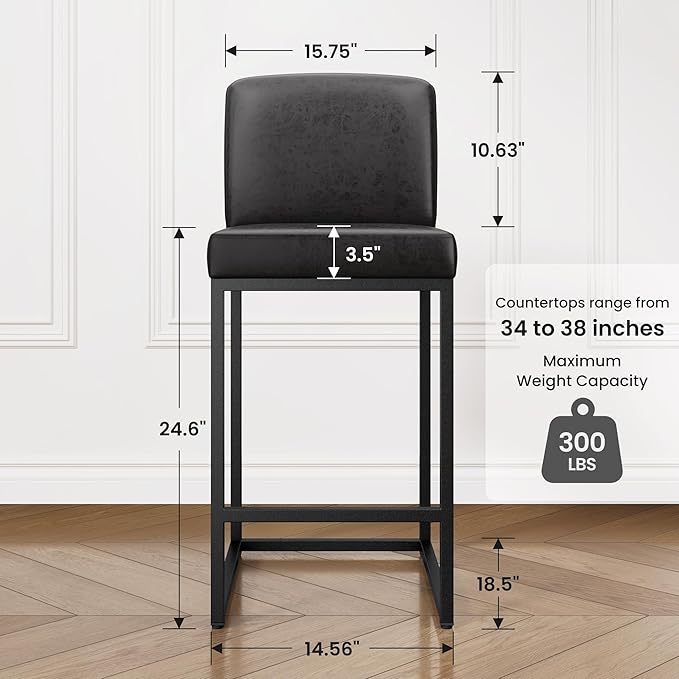 PHI VILLA Black Bar Stools Set of 4, Counter Height 24'' Barstool Pu Leather Bar Stools with Back, Kitchen Bar Chairs