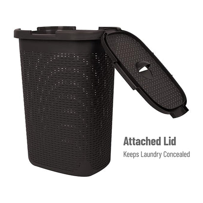 Mind Reader Slim Laundry Hamper with Lid, 60L Clothes Basket, Premium Wicker Design, Plastic, Brown