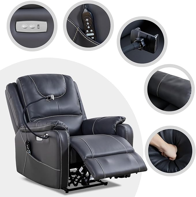 Zero Gravity Power Recliner Chairs for Adults 139°Single Sofa Chair Massage and Lumbar Heating with USB Port, Phone Holder, Side Pocket, Eco Leather(Black)