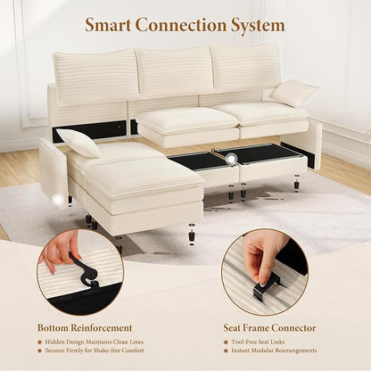 Vesgantti 108" U Shaped Sectional Couch, Comfy Cloud Modular Sectional Sofa with 2 Ottoman Deep Seat Corduroy Modern Cloud Sofa, Modular Sofas for Living Room, Bedroom and Apartment, Beige
