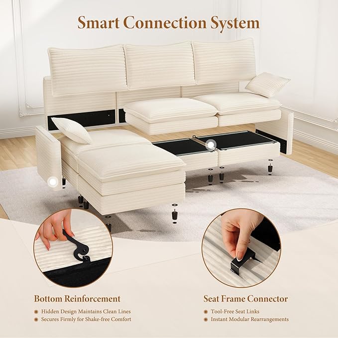 Vesgantti 142" Oversized Sectional Sofa Bed, 8-Seater Modular Sleeper Cloud Couch with Movable Ottoman, Corduroy Convertible Sofa Set Deep Seat Couches for Living Room, Bedroom and Apartment, Beige