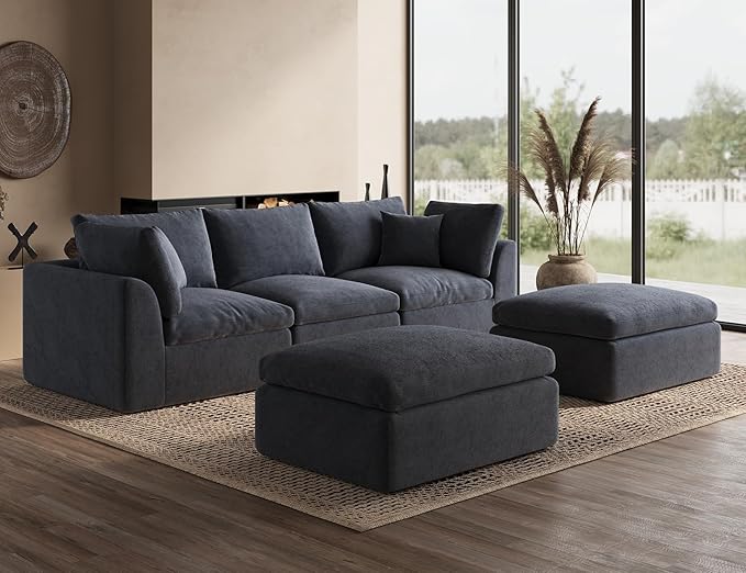 110" Cloud Sectional Couches for Living Room, Boneless U Shaped Couch with Ottoman, 3 Seater Modular Sectional Sofa, Dark Grey