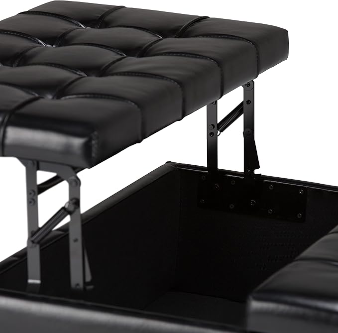 SIMPLIHOME Harrison 36 inch Wide Transitional Square Coffee Table Storage Ottoman in Midnight Black Vegan Faux Leather, Assembled, For the Living Room and Bedroom