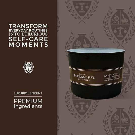 Pecksniffs Black Tall Leather & Oakmoss Scented Candle | 3 Wicks, 283g/9.9oz