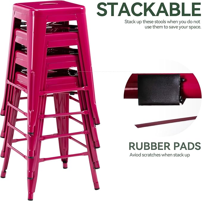 Vogue Furniture Direct 24 Inch Bar Stools Backless Metal Barstools Indoor-Outdoor Counter Height Stools with Square Seat, Set of 4 (Hot Pink)