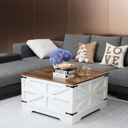 Lift Top Coffee Table, 31.5" Square Coffee Table with Storage, Farmhouse Coffee Tables for Living Room, Cocktail Tables with Large Hidden Compartment, Rustic White