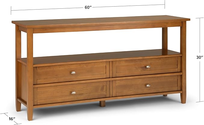 SIMPLIHOME Warm Shaker Wide Console Table - 60 Inch Wide Solid Wood Sofa Table in Light Golden Brown, Transitional Storage for Living Room with 4 Drawers, Open Shelf, and Brushed Nickel Knobs