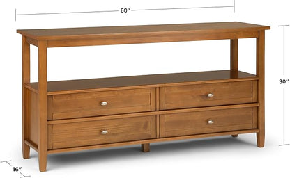 SIMPLIHOME Warm Shaker Wide Console Table - 60 Inch Wide Solid Wood Sofa Table in Light Golden Brown, Transitional Storage for Living Room with 4 Drawers, Open Shelf, and Brushed Nickel Knobs