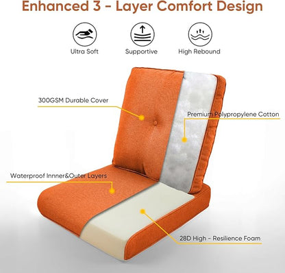 7-Piece Outdoor Patio Cushion Set - Fade & Water Resistant with Removable Olefin Cover, 22x24x4 Inch Memory Foam Cushions for Wicker Sectional Sof - Orange/Buckle