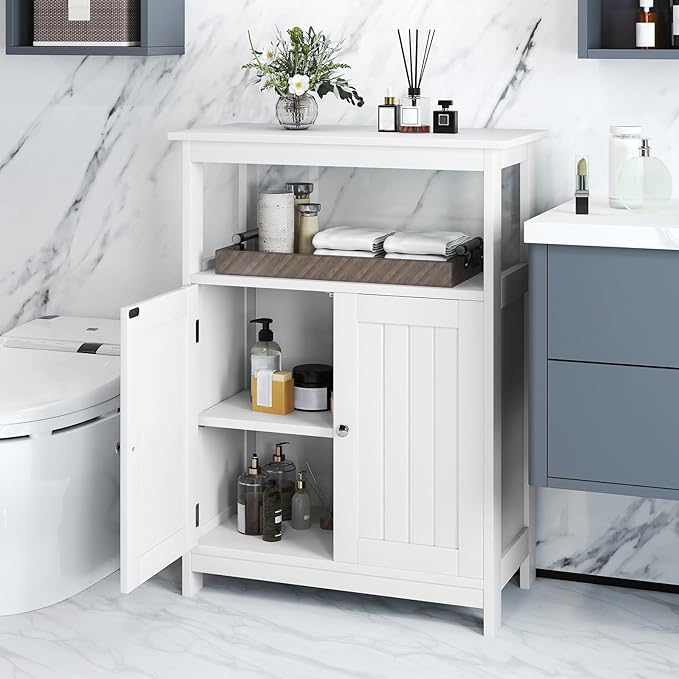 COSTWAY Bathroom Floor Storage Cabinet, Modern Wooden Freestanding Storage Organizer with 2 Doors, 3-Level Adjustable Shelf, for Entryway, Living Room, Kitchen (White)