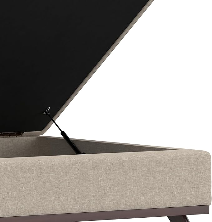 SIMPLIHOME Owen 36 inch Wide Mid Century Modern Square Coffee Table Storage Ottoman in Natural Polyester Fabric, Assembled, for the Living Room, Entryway and Family Room