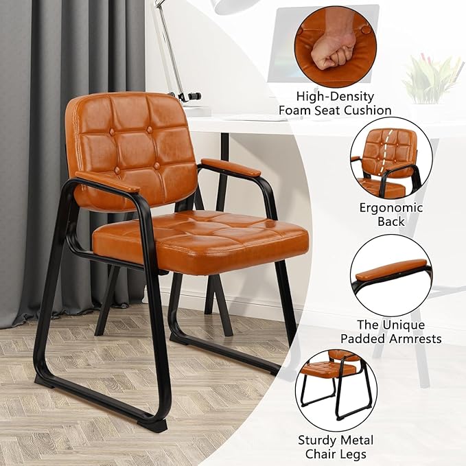 CLATINA Waiting Room Chairs with Padded Arms Leather Guest Chair no Wheels for Office Reception and Conference Desk with Sled Base Orange, 2PK