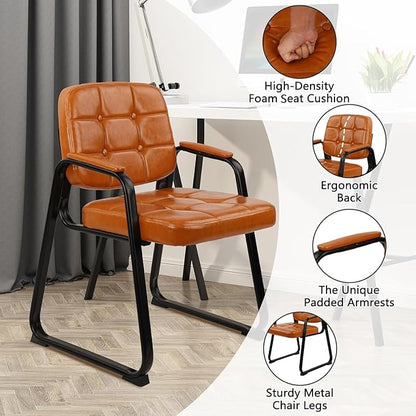 CLATINA Waiting Room Chairs with Padded Arms Leather Guest Chair no Wheels for Office Reception and Conference Desk with Sled Base Orange, 2PK