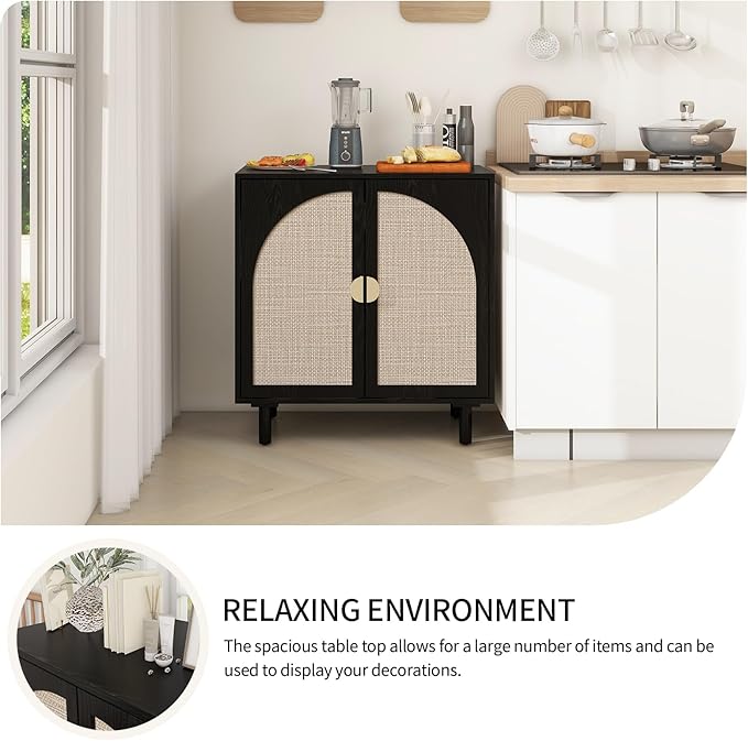 Black Rattan Cabinet-2-Doors,Sideboard Buffet Cabinet with Storage-Accent Storage Cabinet with Cane Door, Boho Wood Credenza for Dining Room, Bathroom, Study, Kitchen