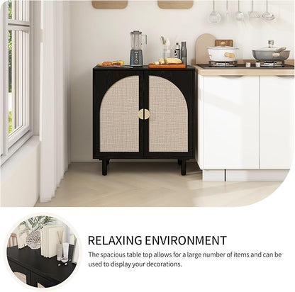 Black Rattan Cabinet-2-Doors,Sideboard Buffet Cabinet with Storage-Accent Storage Cabinet with Cane Door, Boho Wood Credenza for Dining Room, Bathroom, Study, Kitchen