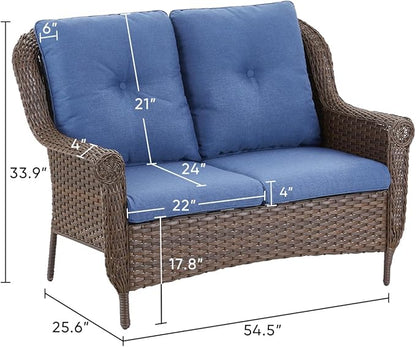 Patio Loveseat Outdoor Wicker Sofa - Heavy Duty All-Weather Brown Rattan 2-Person Sofas with High Back and Comfortable Thick Cushions for Garden Back Porch Poolside Apartment - Navy Blue