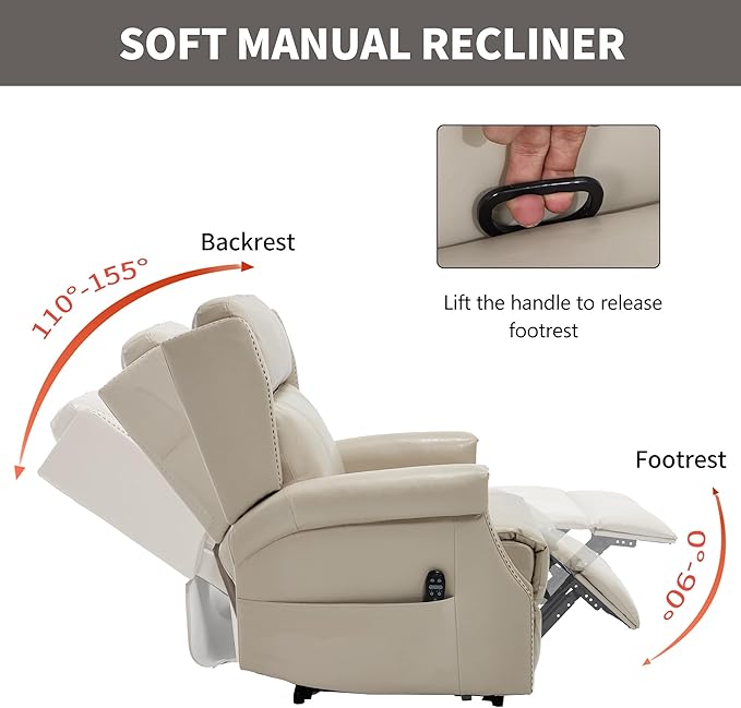 Manual Recliner Chair with Massage & Lumbar Heat, Breathable Leather Reclining Chair for Adults, Humanized Design Easy to Install Living Room Recliners Beige