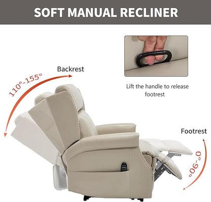 Manual Recliner Chair with Massage & Lumbar Heat, Breathable Leather Reclining Chair for Adults, Humanized Design Easy to Install Living Room Recliners Beige