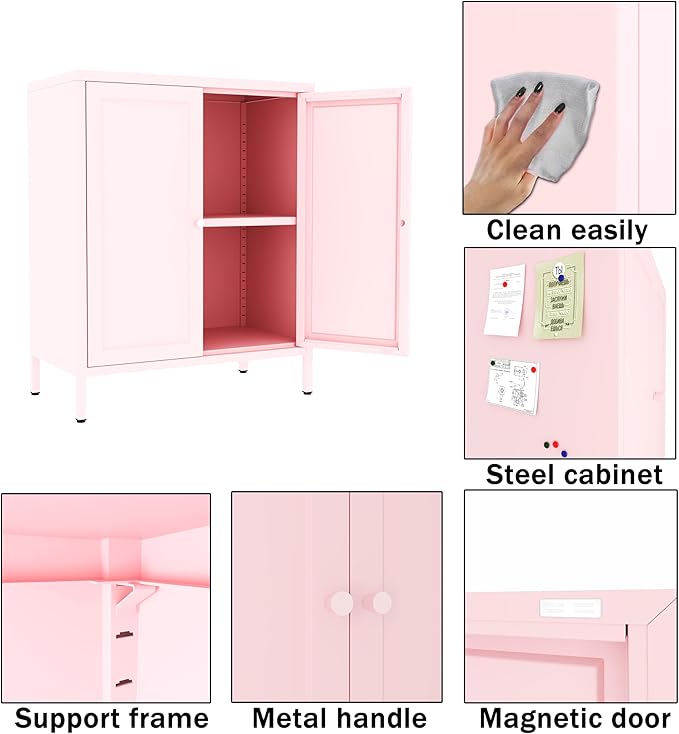 Living Room Cabinets, Pink Lockable Storage Cabinets with Doors and Shelves,2 Door Cabinet with high feet,Low Side Cupboard for Home,Office,Kitchen,Bathroom,Dining Room