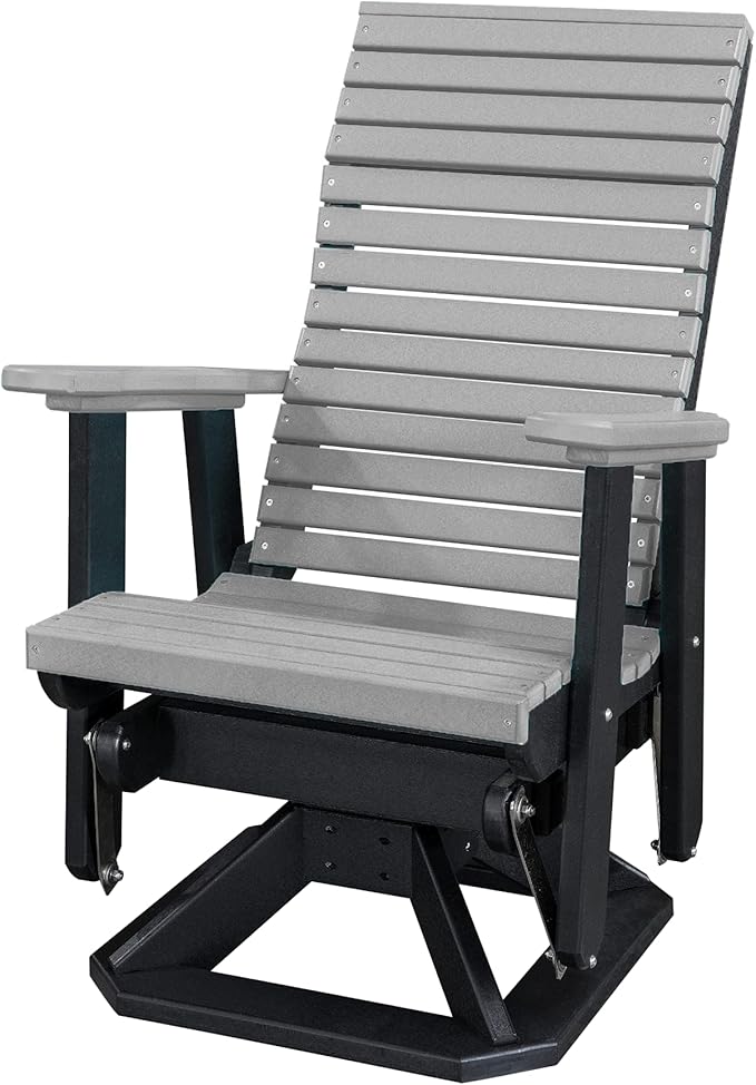 DutchCrafters Modern Horizontal Slat High Back Poly Adirondack Swivel Glider Outdoor Patio Chair (Black & Light Gray)