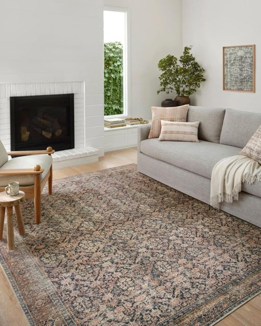 Loloi Amber Lewis Billie Collection, Ink & Salmon 7'-6" x 9'-6" Area Rug – Antique & Distressed Accent Rugs for Living Room, Bedroom, Entryway & Hallway, No Shed High Traffic Area Home Decor Rug