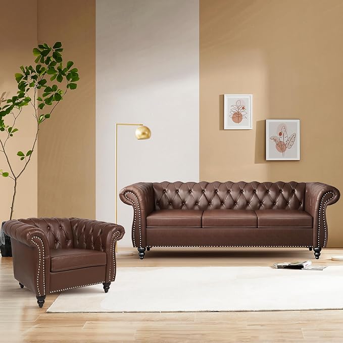2 Piece Living Room Sofa Set, 3 Seater Faux Leather Sofa Couch and Chair Set, Mid Century Modern Upholstered Couch with Cushions, Vintage Comfy Tufted Chesterfield Couches for Bedroom, Office (Brown)