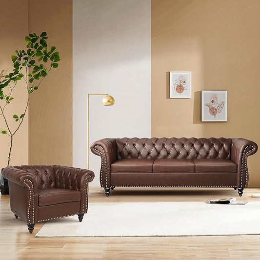 2 Piece Living Room Sofa Set, 3 Seater Faux Leather Sofa Couch and Chair Set, Mid Century Modern Upholstered Couch with Cushions, Vintage Comfy Tufted Chesterfield Couches for Bedroom, Office (Brown)