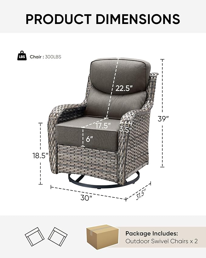 HUMMUH Outdoor Patio Wicker Swivel Rocker Chairs Set of 2 with 6-Inch Thick Cushion High Back Wicker Conversation Set for Porch Balcony Deck