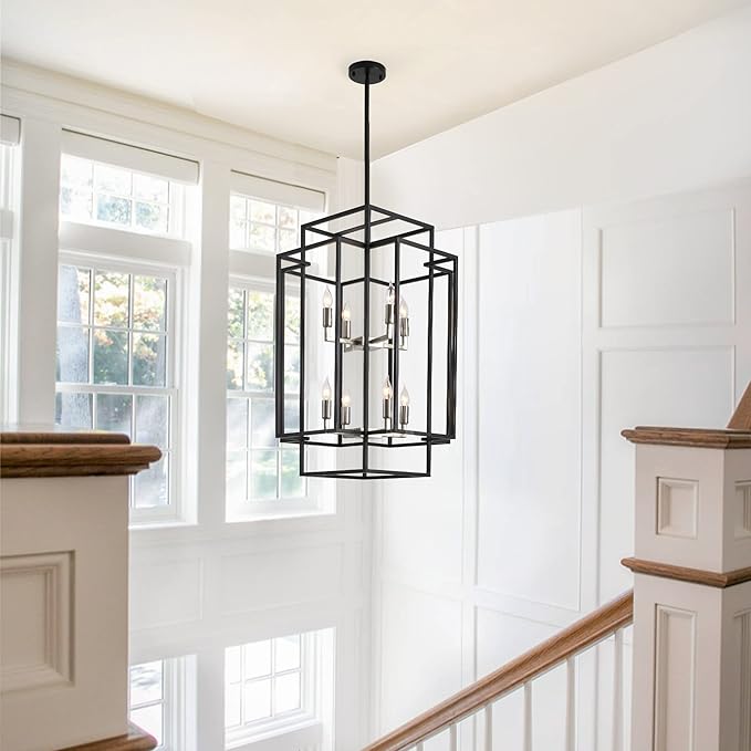 High Ceiling Foyer Chandelier: 8-Light Farmhouse Lantern Chandeliers for Entryway Industrial Large Pendant Light Fixtures for Entry Staircase Hallway Dining Room Kitchen Island, Black & Silver