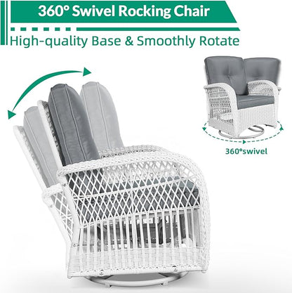 VIVIJASON 3-Piece Outdoor Conversation Bistro Set, Patio Swivel Glider Rocking Chairs Rattan Furniture Sets w/ 2 White Rattan Chairs, Glass Top Side Table for Porch Backyard, Grey Cushions