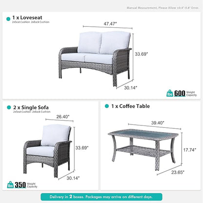 4 Pieces Wicker Patio Furniture - All-Weather PE Wicker Outdoor Conversation Bistro Set Loveseat Chairs with Table,Outdoor Rattan Sofa Chairs High Back Deep Seating,Light Grey