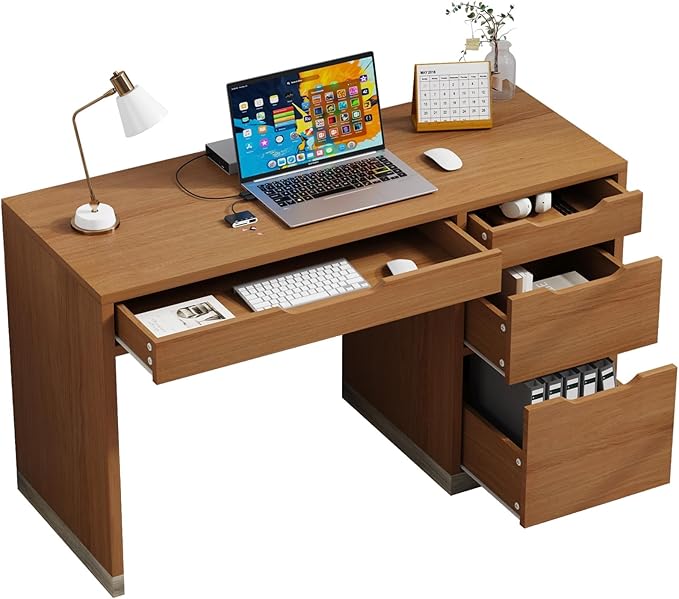 52 Inch Desk with 4 Drawers, Small Computer Desk for Small Space, Home Office Desk with Storage File Cabinet for Bedroom, Brown