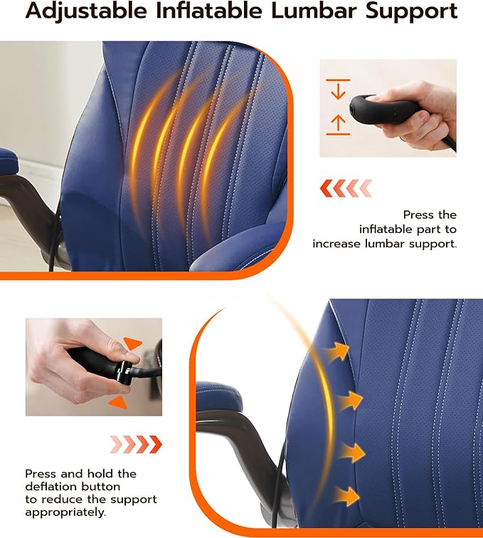 Office Desk Chair, Ergonomic Computer Chair with Padded Flip-Up Arms and Adjustable Lumbar Support, PU Leather Executive Chair with Tilt Lock and 360° Swivel Rolling Wheels for Work, Study
