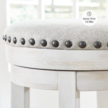 Signature Design by Ashley Valebeck Casual Upholstered Swivel Stool, Round Metal Footrest, Nailhead Trim Detail, Wood, 24", White & Black