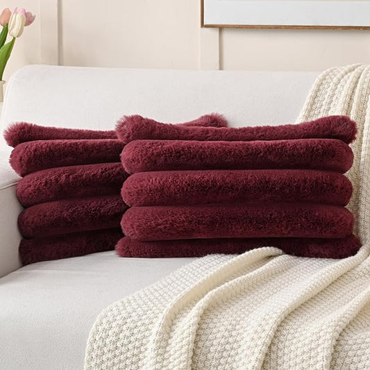 FUTEI Christmas Burgundy Decorative Throw Pillow Covers 12x20 Inch Set of 2, Square Soft Faux Rabbit Fur Thick Striped Lumbar Pillow Case,Winter Home Decor for Couch Bed Living Room