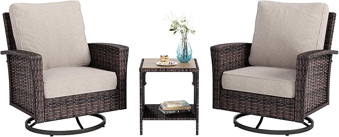 HERA'S HOUSE 3 Pieces Patio Bistro Set, High Back Swivel Wicker Chairs with Rattan Side Table, Outdoor Chairs Set with 5.5" Thick Cushions, Patio Furniture for Bistro Deck Porch Pool, Brown/Beige