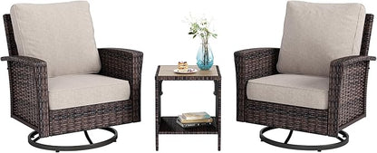 HERA'S HOUSE 3 Pieces Patio Bistro Set, High Back Swivel Wicker Chairs with Rattan Side Table, Outdoor Chairs Set with 5.5" Thick Cushions, Patio Furniture for Bistro Deck Porch Pool, Brown/Beige