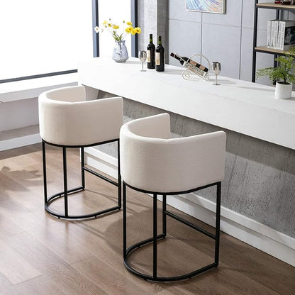 Contemporary Cream Linen Bar Stool, 29" Upholstered Fabric Counter Height Barstool Kitchen Counter Island Stool with Black Metal Base