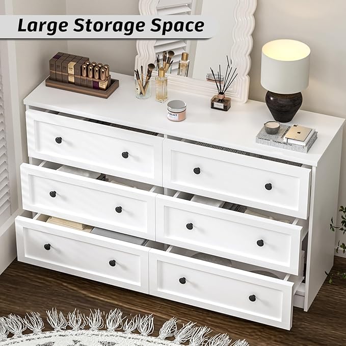 CHUWELL White Dresser for Bedroom, 55.1" Wide Dressers & Chests of Drawers with Large Capacity Storage, 6 Drawer Dresser for Bedroom