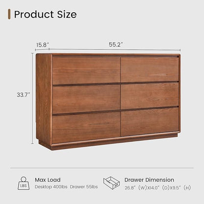 Solid Wood Dresser for Bedroom, Natural Solid Wood 6 Drawer Dresser,55.2" Wide Mid Century Modern Chest of Drawers, Closet Storage Organizer for Living Room, Bedroom