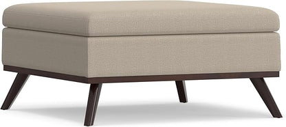 SIMPLIHOME Owen 36 inch Wide Mid Century Modern Square Coffee Table Storage Ottoman in Natural Polyester Fabric, Assembled, for the Living Room, Entryway and Family Room