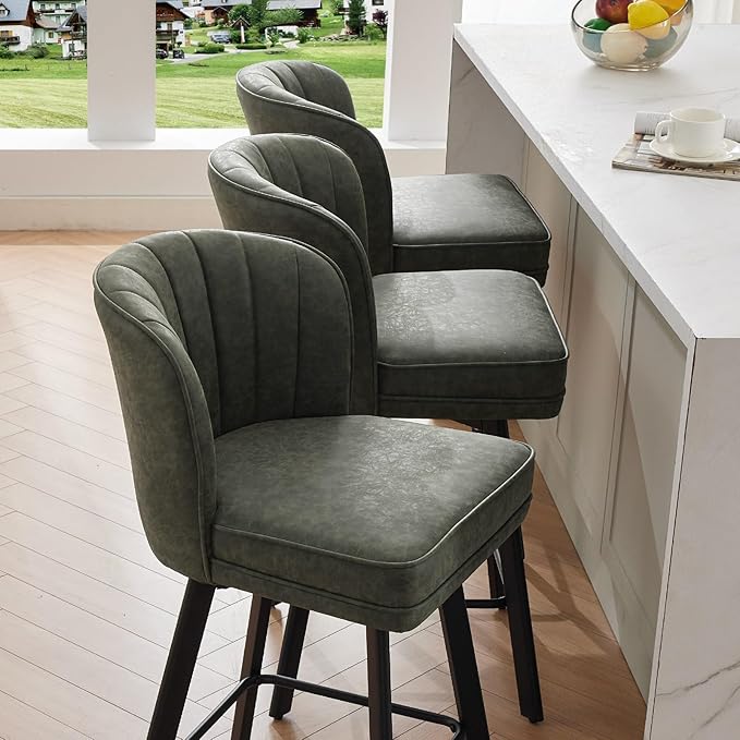 Swivel Counter Height Bar Stools Set of 2, 30'' Modern Barstools with Backs and Metal Legs, Upholstered Bar Chairs, Faux Leather Green Stools for Kitchen Island Chairs