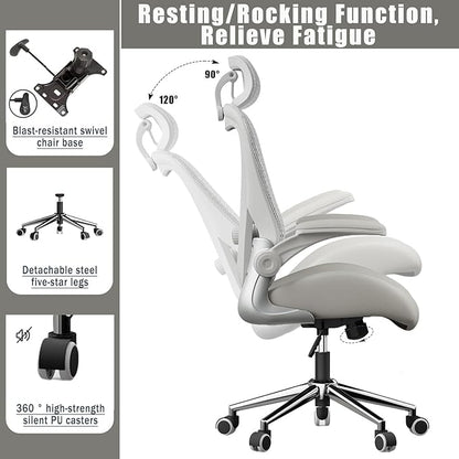 Grey Ergonomic Home Office Desk Chair, Premium Thickened Leather Curved seat with Breathable mesh Back, 3D headrest and Adjustable Lumbar Support, Ideal Chair for Office or Gaming, Gray