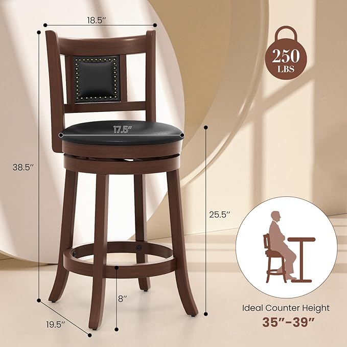COSTWAY Bar Stool Set of 2, 25.5” Swivel Upholstered Counter Height Bar Stool with Curved Backrest & Cushioned Seat, Solid Rubber Wood Legs & Resting Footrest, for Kitchen Island (2, 25.5”)