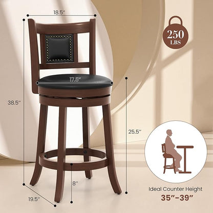 COSTWAY Bar Stool Set of 2, 25.5” Swivel Upholstered Counter Height Bar Stool with Curved Backrest & Cushioned Seat, Solid Rubber Wood Legs & Resting Footrest, for Kitchen Island (2, 25.5”)