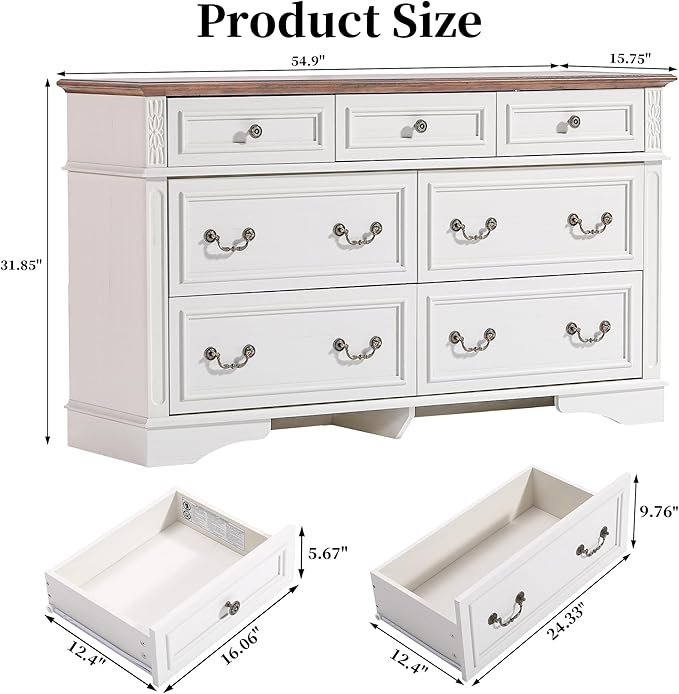 Dresser for Bedroom with 7 Drawers, 55" Wide Dresser for Storage and Organization, Farmhouse Chest of Drawers for Living Room, Closet, Hallway, White