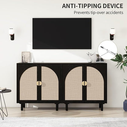 Black Sideboard Cabinet with 2 Rattan Doors, Rattan Buffet Cabinet with Adjustable Shelves & Pine Legs, Boho Sideboard Buffet for Living Room, Kitchen, Entryway (Black,1 PCS)
