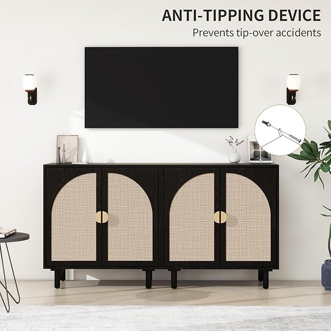 Black Rattan Cabinet-2-Doors,Sideboard Buffet Cabinet with Storage-Accent Storage Cabinet with Cane Door, Boho Wood Credenza for Dining Room, Bathroom, Study, Kitchen